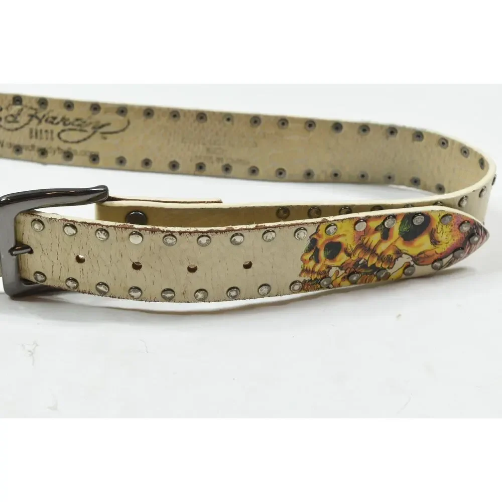 Ed Hardy Belt Mens Large Ivory Genuine Leather Skull Flames Studded Grommet Y2K
